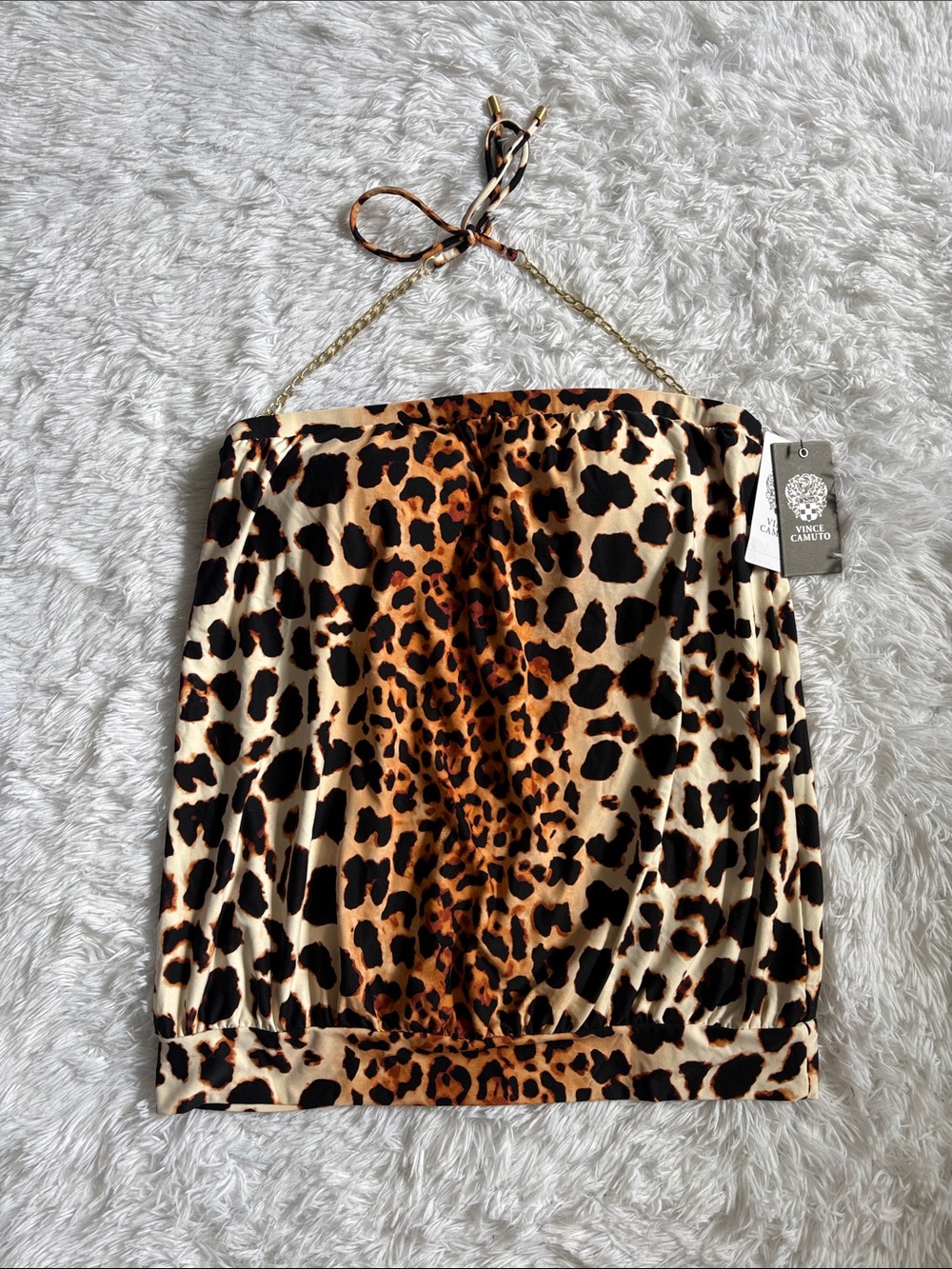 NWT Vince Camuto Leopard Print Gold Chain Halter Tie Tankini Swim Top Size M